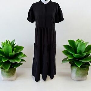 MEROKEETY Women’s Short Sleeve V-Neck with Front Buttons Maxi Dress Black S NWT
